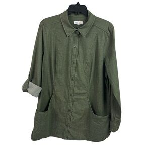 D & Co Denim Company Womens Roll Tab Shirt Stretch Green Pockets Medium